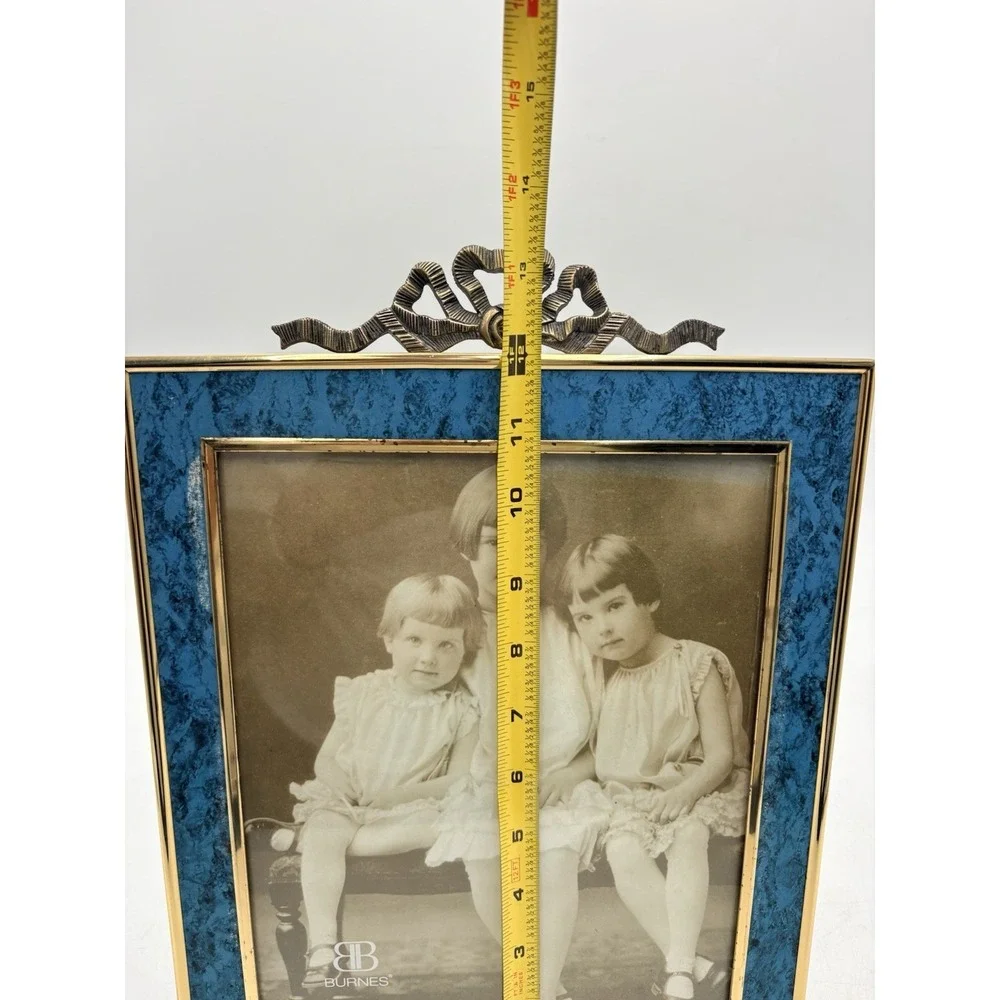 Burnes Blue Faux Marble Picture Frame 8x10 Brass Tone Ribbon Bow Korea